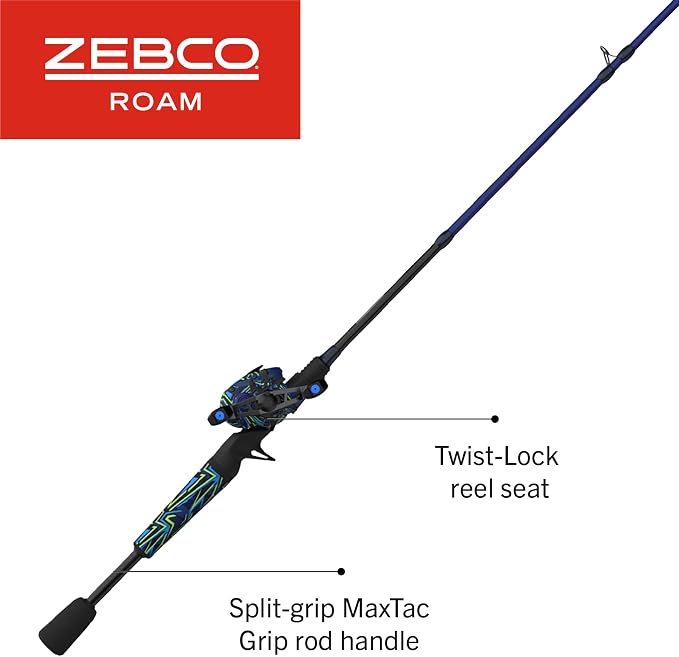 Zebco Roam Baitcast Reel and Fishing Rod Combo, 6-Foot 6-Inch 2-Piece Fiberglass Rod with Split-Grip MaxTac Rod Handle, Lightweight Graphite Frame