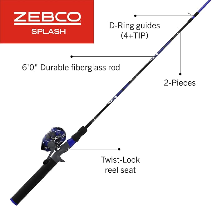 Zebco Splash Spincast Reel and Fishing Rod Combo, Fiberglass Rod, Ball Bearing System, All Metal Gears, 8-Pound Line