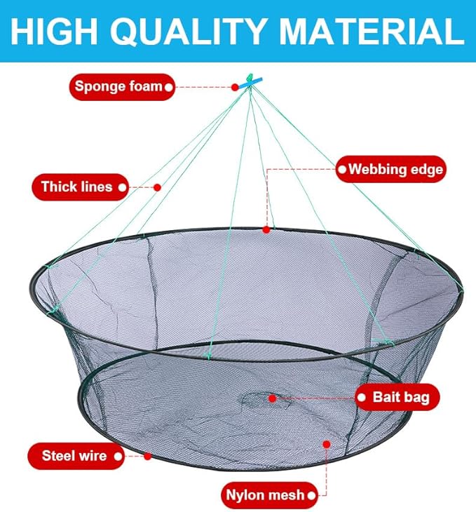 Foldable Fishing Net, Nylon Minnow Trap Crab Trap Crab Net, Drop Net for Pier Fishing, Drop Nets for Pulling Up Fish with Rope, Portable Bridge Fishing Nets for Minnows Crawfish Shrimp