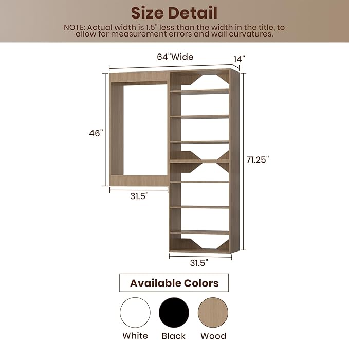 ROOMTEC Modular Closet System, 64" Wall-Mounted Closet Organizer with Hanging Rods and Shelves, Wooden Tower for Walk-In Closets, Wardrobe Storage Kit, Wood