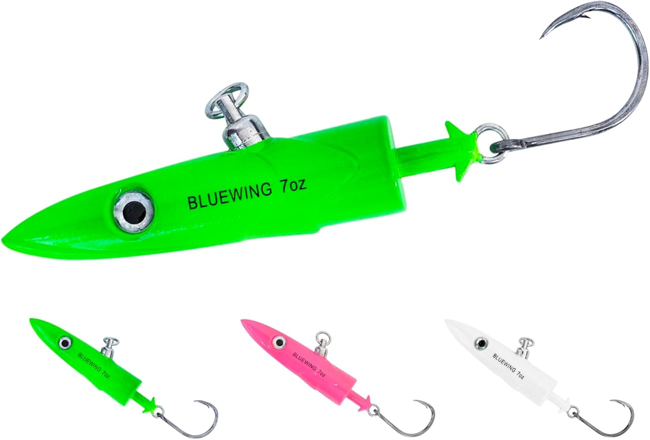 BLUEWING Jig Heads Saltwater 2oz,3oz,4oz,5oz,6oz,7oz Swimming Jigheads 1pc with High Carbon Steel Swing Hook and 6in/9in Replacement Tail Big Game Fishing Lures