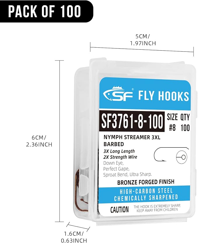 SF Fly Tying Hooks Ultra Sharp High Carbon Steel for Nymphs Wet Traditional Dry Streamers Eggs Jig Poppers Emergers Terrestrial Flies with Mini Box 100Pcs
