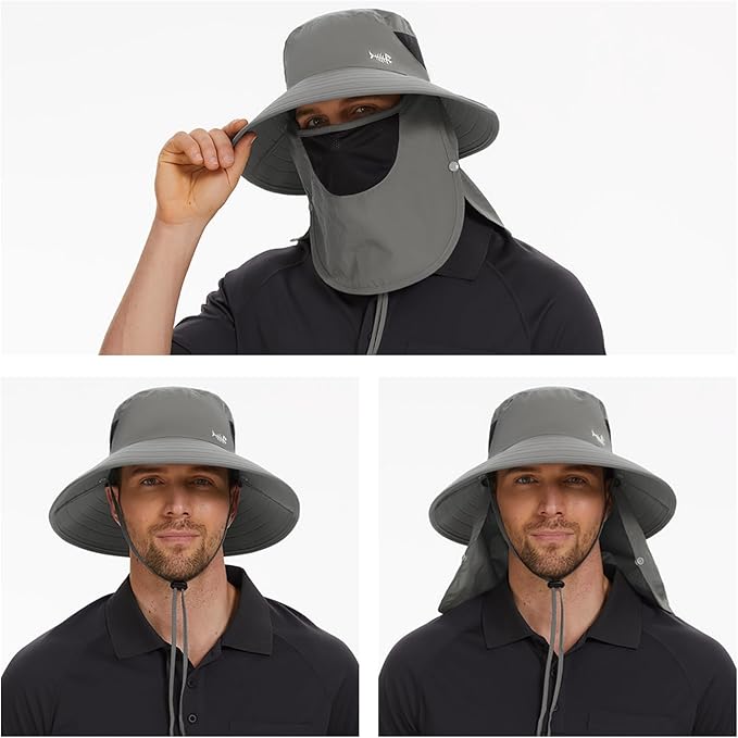 BASSDASH UPF 50+ Breathable Sun Hat with Removable Face Cover and Neck Flap Wide Brim Bucket Hat for Fishing Hiking Men Women
