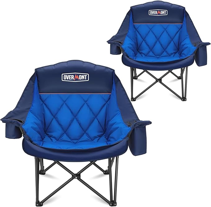 Overmont Oversized XL Camping Chair for Adults - 500lbs Support Heavy-Duty Padded Folding Chair with Side Pocket Cup Holder Cooling Bag for Outdoor Sports Garden Beach Fishing Lawn Blue 2pcs