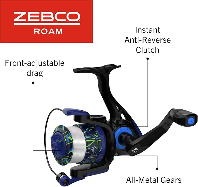 Zebco Roam Spinning Reel and Fishing Rod Combo, Fiberglass Rod, Split ComfortGrip Handle, Soft-Touch Handle Knob, Reversible Retrievee