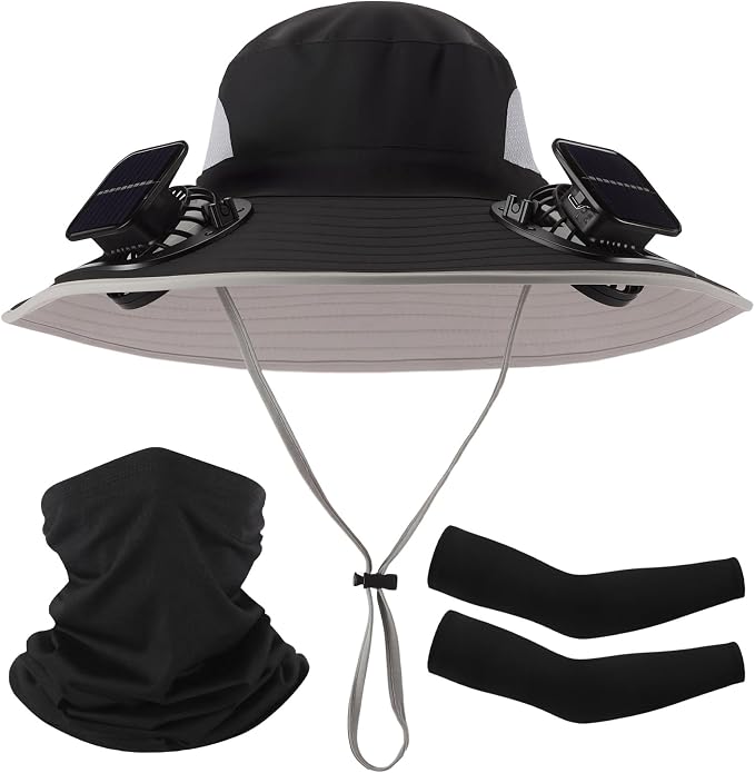 Syhood Solar Powered Fan Hat Neck Gaiter Arm Sleeves Sun Bucket Hat with Fan Cooling Wide Brim Hats for Fishing Hiking