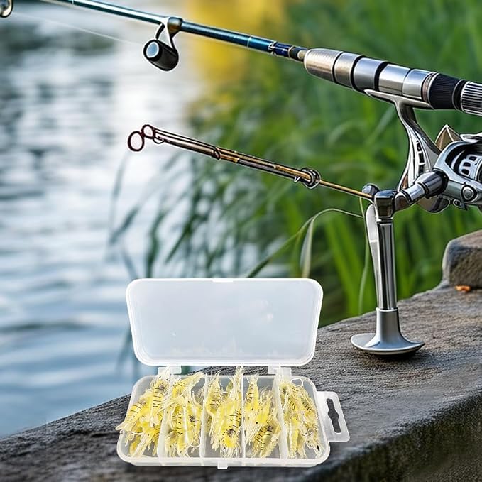 Soft Lures, 30PCS Shrimp Baits with Hook & Storage Box Realistic Swimbaits for Bass Trout Saltwater Freshwater