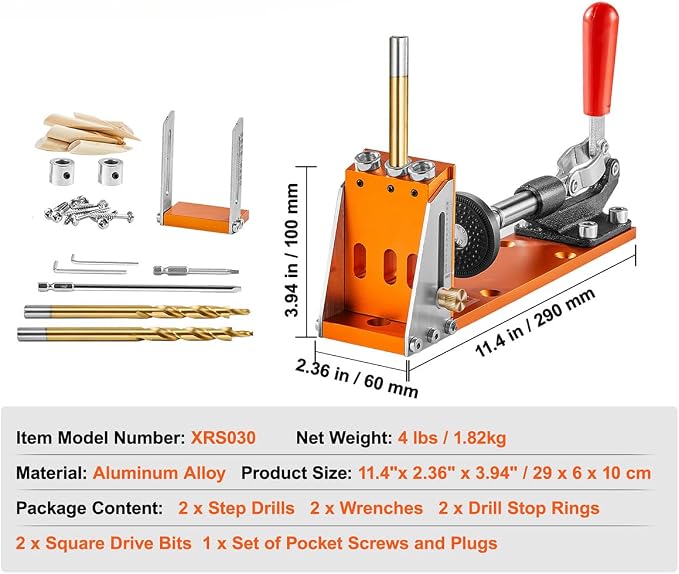VEVOR Pocket Hole Jig Kit, Adjustable and Easy to Use Pocket Hole Jig System with Step Drills, Wrenches, Drill Stop Rings, Screws and Square Drive Bits, Dual Scale Marks, for DIY Carpentry Projects