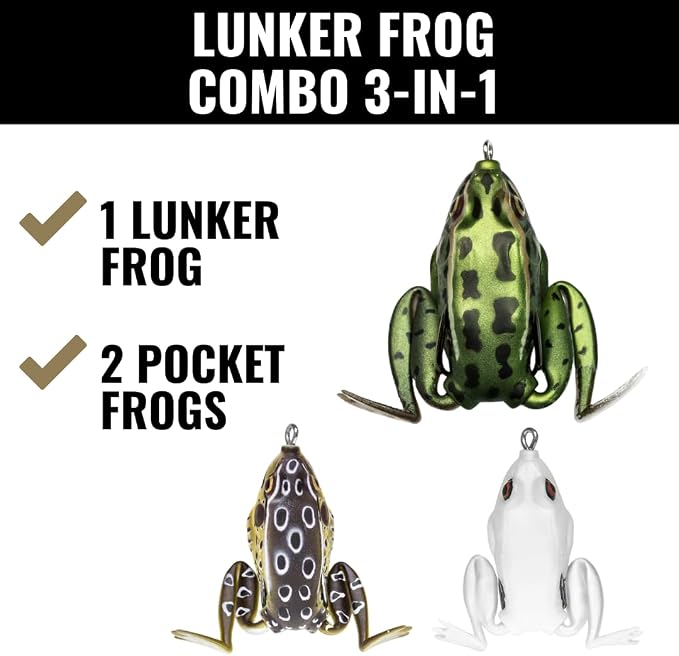 Lunkerhunt Topwater Frog Lures Fishing Lures Kit (3-Pack) | Most Realistic Frog Soft Swimbaits with Weedless Hooks for Freshwater | Combat, Popping Frog for Bass Trout Pike Snakehead Bluegill