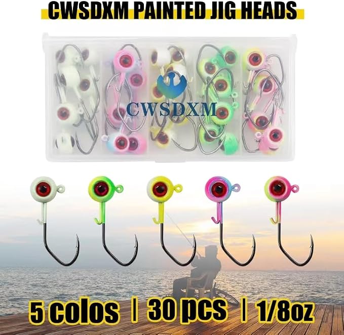 Painted Crappie Jig Heads 3D Eyes Fishing Hooks with Wire Keeper Lures for Crappie Panfish Bass Fishing Jig Hooks Assortment 1/16 oz 1/8 oz 3/16oz 3/8 oz 1/4 oz