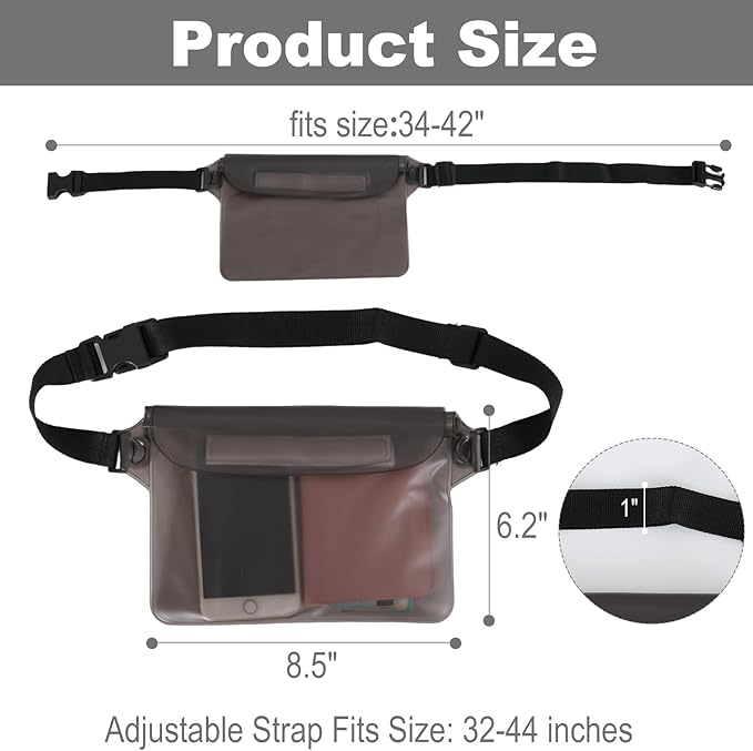 Triple zip lock protection Waterproof Fanny Pack - Waterproof Phone Pouch with Waist Strap，for Outdoor Water Sports, Boating, Hiking,Kayaking,Fishing ， Beach, Camping and Swimming (Transparent Black)