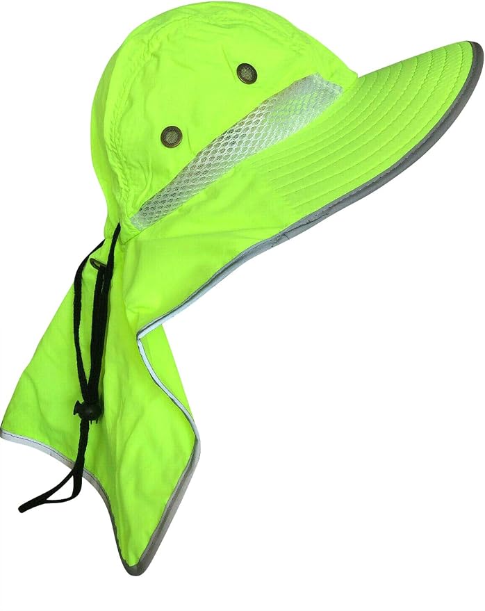 Men High Visibility Reflective Sun Hat with Neck Flap Wide Brim Boonie Hat Bucket Cap