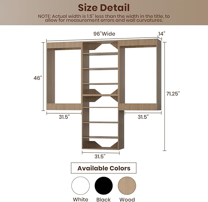 ROOMTEC Modular Closet System, 96" Wall-Mounted Closet Organizer with Hanging Rods and Shelves, Wooden Tower for Walk-In Closets, Wardrobe Storage Kit, Wood