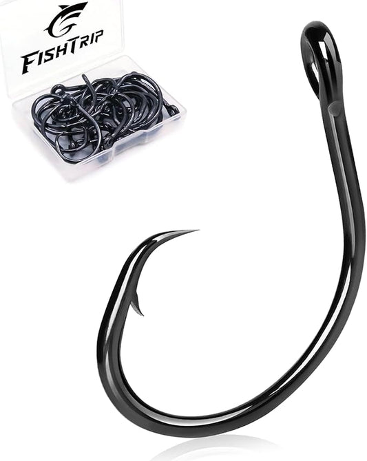 FishTrip 25pcs Circle Hooks Saltwater, in-Line 5X Strong Fishing Hooks for Saltwater & Freshwater, Live Bait Non-Offset Wide Gap Fish Hook for Catfish, Striped, Bass, Salmon, Mackerel, Tuna