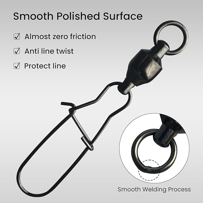Pristis 25 Pack High Strength Fishing Snap & Swivels, Ball Bearing with Coastlock Snap, Saltwater Corrosion Resistant Connector, Fresh Water Heavy Duty Black Nickel Finish Tackle Kit for Bass Perch