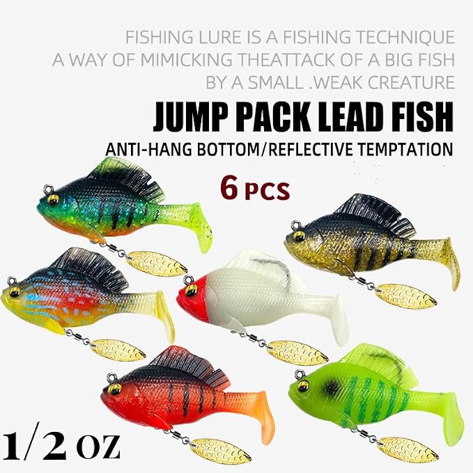 6Pcs Pre-Rigged Jig Head Soft Fishing Lures，Paddle Tail Swimbaits/3D Eyes/Spinner Blades for Bass Fishing,Hidden Ultra-Sharp Hook in The top fin,Fishing Bait for Freshwater Saltwater