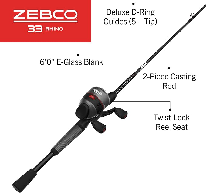 Zebco 33 Rhino Tough Spincast Reel and 2-Piece Fishing Rod Combo, Durable E-Glass Rod with ComfortGrip Handle, Quickset Anti-Reverse Fishing Reel with Bite Alert