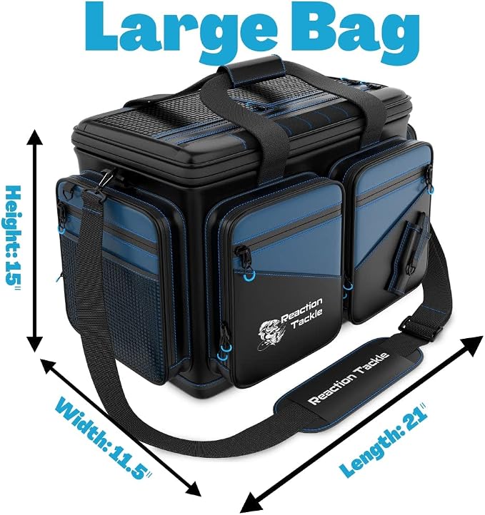 Reaction Tackle Fishing Tackle Bag – Salt Water Resistant Fishing Bag, 1000D PVC Waterproof Material, Tackle Box Organizer with Dividers for 3600 or 3700 Trays