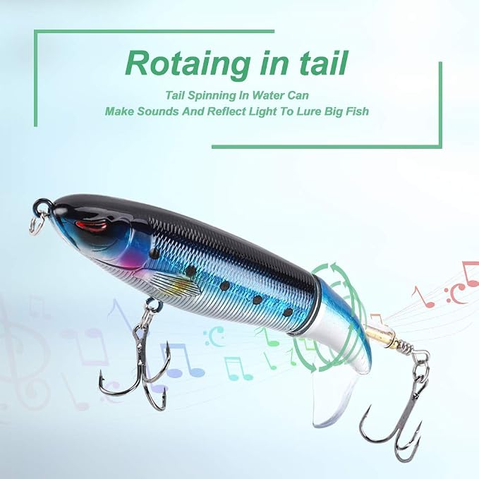 6PCS Whopper Fishing Lure, Bass Popper Lure kit, Topwater Fishing Lures with Rotating Tail with Storage Box, Floating Popper for Freshwater Saltwater