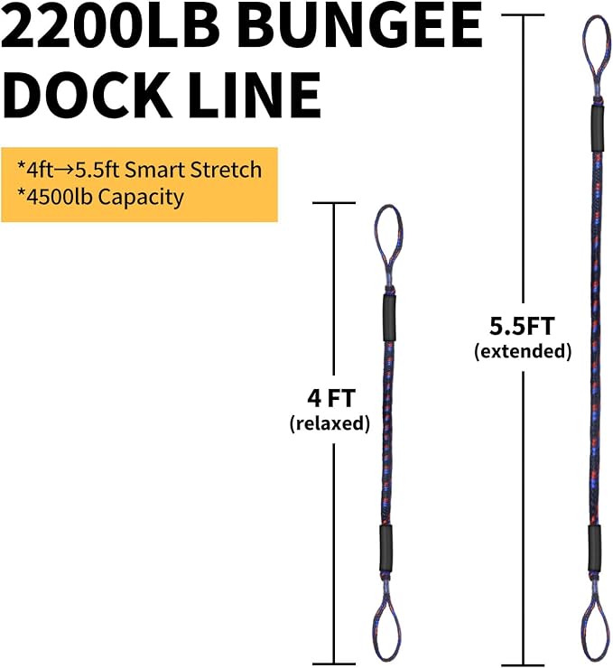 2-Pack Bungee Dock Lines for Boats with Loops, Boat Tie Downs for Docking, Adjustable Boat Mooring Rope for Pontoon, Jon Boat & PWC (Black, Blue & Red, 4 FT)