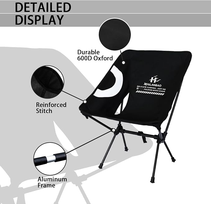 Folding Camping Chair for Adults, Heavy Duty 300lbs Capacity Compact Backpacking Hiking Chair – Portable Durable Outdoor Chair with Ergonomic Support (Black)