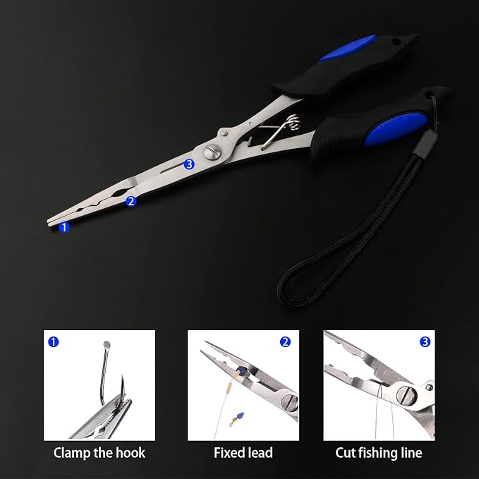 mouhike Fishing Pliers Long Nose Stainless Steel Fish Hook Remover Braid Cutters Split Ring Fish Pliers with Lanyard Fish Holder Ice Fly Fishing Gear Freshwater Saltwater Fishermen Gift