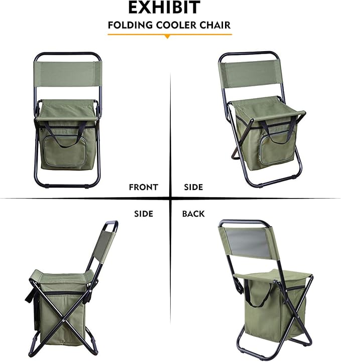 LEADALLWAY Fishing Chair with Cooler Bag Compact Fishing Stool Foldable Small Hunting Chair 12.2" Seat Depth,12.6" Seat Width