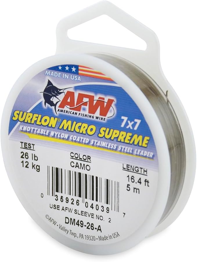 American Fishing Wire Surflon Micro Supreme Nylon Coated 7x7 Stainless Steel Leader Wire - Knottable Wire Leaders for Fishing Saltwater, Fly Fishing, 13lb Test - 90lb Test, Bright, Black & Camo Colors
