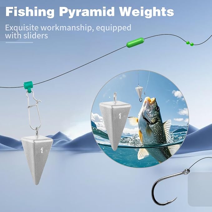 Pyramid Sinkers Fishing Weights Assortment Kit, 18 Lead Pyramid Sinkers 1oz 2oz 3oz 4oz 5oz 6oz 8oz with 2 Sinker Slides, Surf Fishing Weights for Saltwater Bottom Fishing Rigs