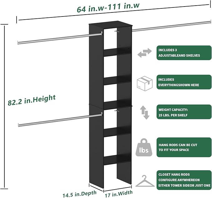 ROOMTEC Closet System, 17" Wide Wall-Mounted Closet Organizer Kit with Wood Storage Tower and 3 Hanging Rods, Wardrobe Closet System for Walk-In Closets, Black