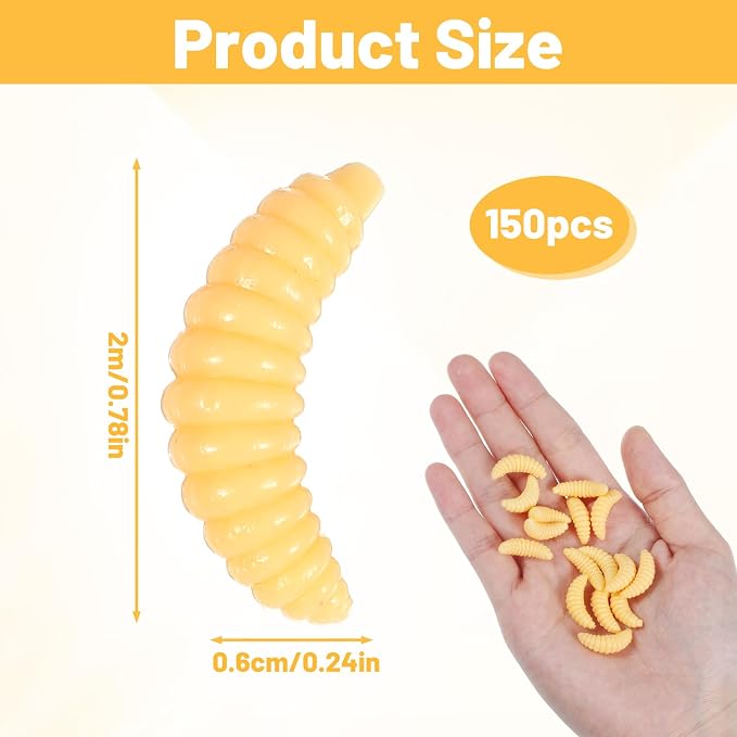 150 Pcs Fake Maggots Fake Wax Worms Soft Bass Maggot Baits Bread Worm Fish Lure, Fake Worms for Fishing, Realistic False Wax Worm Fishing Lures Baits for Halloween Sensory Bin April Fool's Day Party