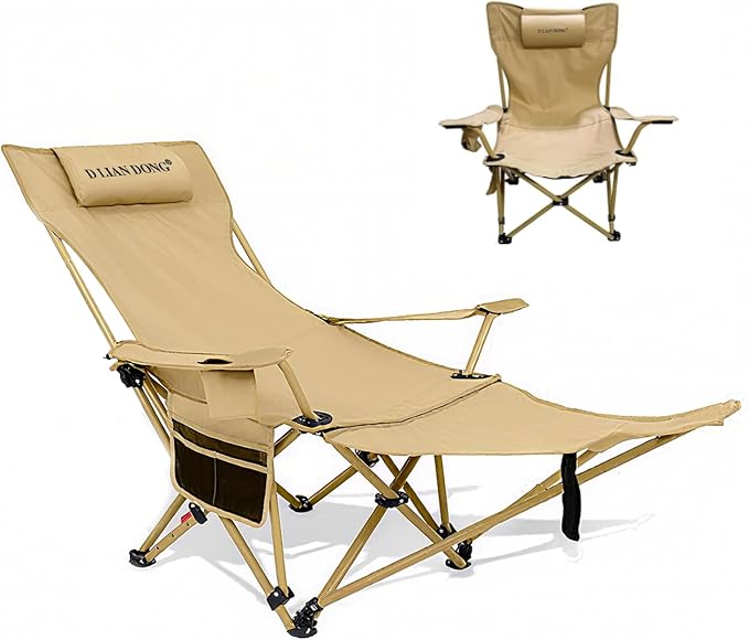 Reclining Camping Chair with Footrest, 4-Position Adjustable Back Folding Lounge Chair for Adult | Heavy-Duty Beach Chairs with Cup Holder & Carry Bag for Beach, Camping, Backyard, Fishing
