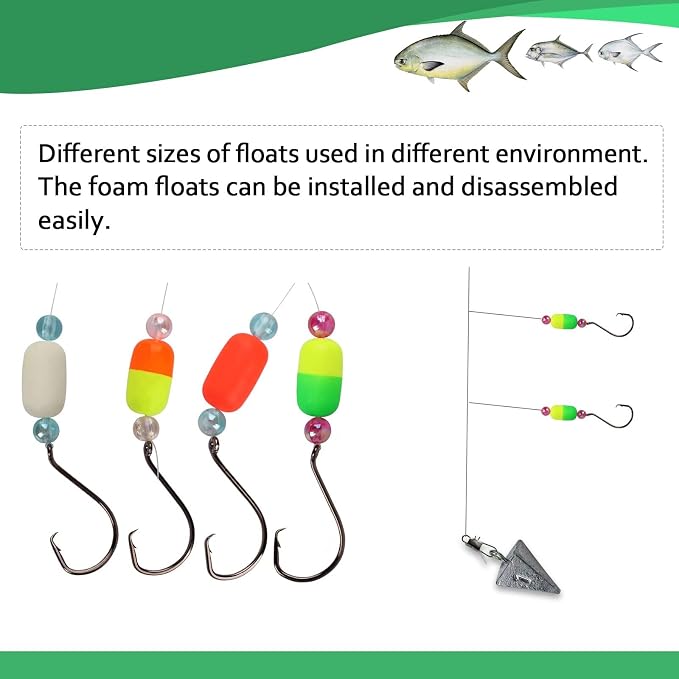 Dovesun 220/104/80/60/54/52/42pcs Pompano Rig Floats for Surf Fishing Foam Bobbers for Fishing Fly Fishing Bobbers Floats Bright Color Kit/Round/Cylindrical/Heart/Bullet/Pill/Spin Shape