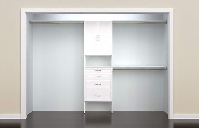 ClosetMaid SuiteSymphony Wood Closet Organizer Kit with Tower, 3 Hang Rods, Top Shelves, 4 Drawers, Doors, Adjustable, Fits Spaces 6 - 10 ft. Wide, Pure White