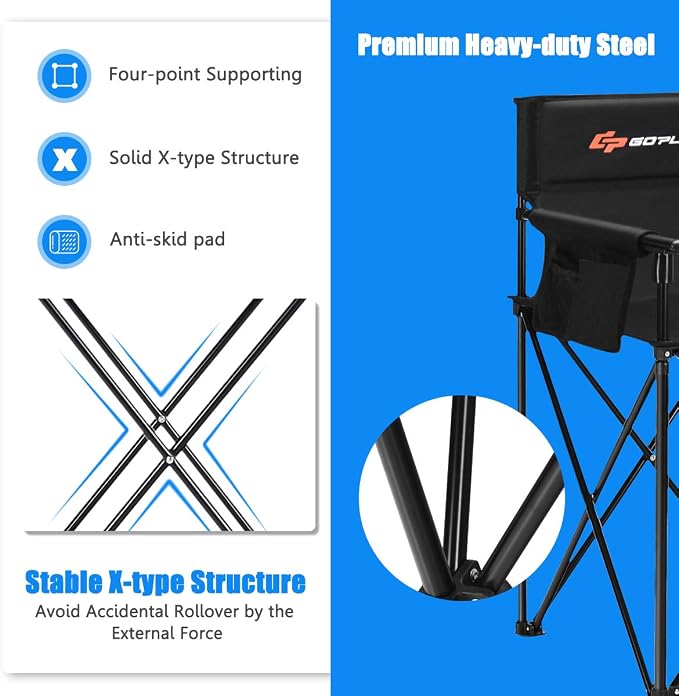 COSTWAY Folding Camping Chair, 38.5” Height Portable Tall Directors Chair with Storage Pouches, Detachable Armrests, Carrying Bag for Fishing, Picnic, Lawn, Black, 250LBS Weight Capacity