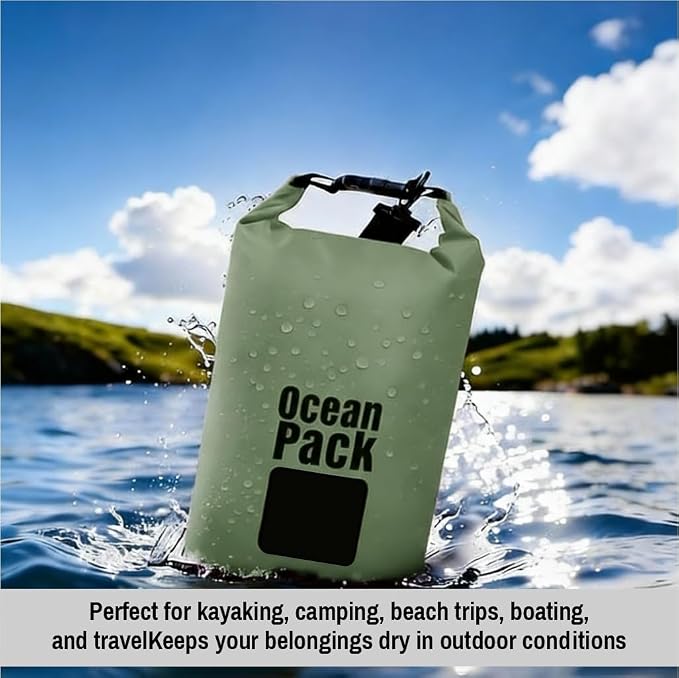 Waterproof Dry Bag Set of 3 (2L 5L 10L) – Roll Top PVC Dry Bags Waterproof for Kayaking, Camping, Beach & Travel – Floating Compression Dry Sack Backpack for Outdoor Gear (Military Green)
