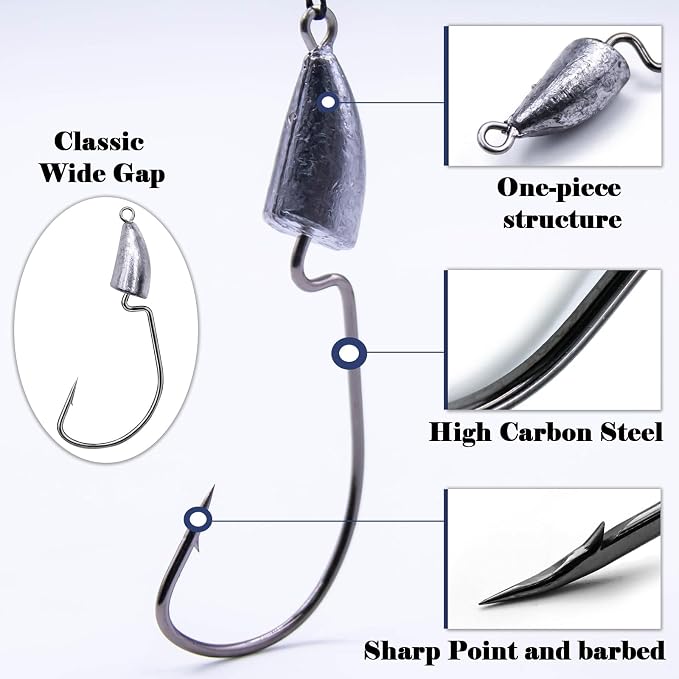 FishTrip Bullet Jig Head Weighted Hooks,10pcs Texas Rigs EWG Hooks for Bass Fishing Saltwater 1/16 1/8 1/4 1/2 oz