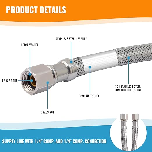 SUNGATOR 5 Feet Refrigerator Water Line, 1/4" Comp X 1/4" Comp Ice Maker Hose, 5 Feet Stainless Steel Braided Ice Maker Water Supply Line with A Wrench and Sealing Tape (1 Pack)