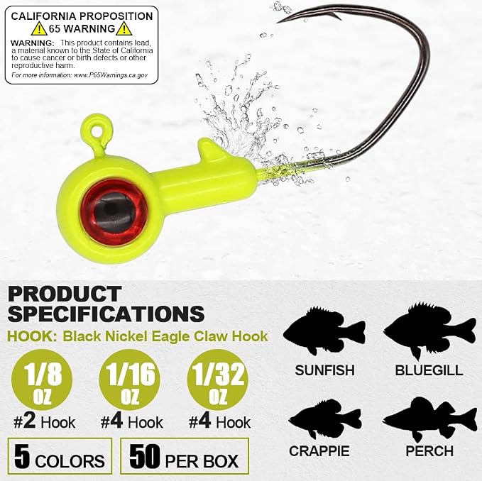 XFISHMAN Crappie-Jigs-Heads-Kit 1/8 1/16 1/32oz 50 Pack Panfish Fishing Jigs Lead Head Jig Hook Lure