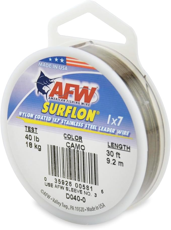 American Fishing Wire Surflon Nylon Coated 1x7 Stainless Steel Wire Leader - Wire Fishing Leader Line for Saltwater 10lb Up To 250lb Test in Bright, Black, Camo in 30ft, 100ft, 300ft, & 1000ft Lengths