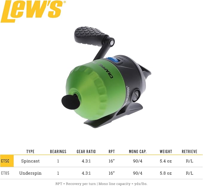 Lew's Crappie Thunder Spincast Fishing Reel, 4.3:1 Gear Ratio, Right or Left-Hand Retrieve, Crappie Thunder Green