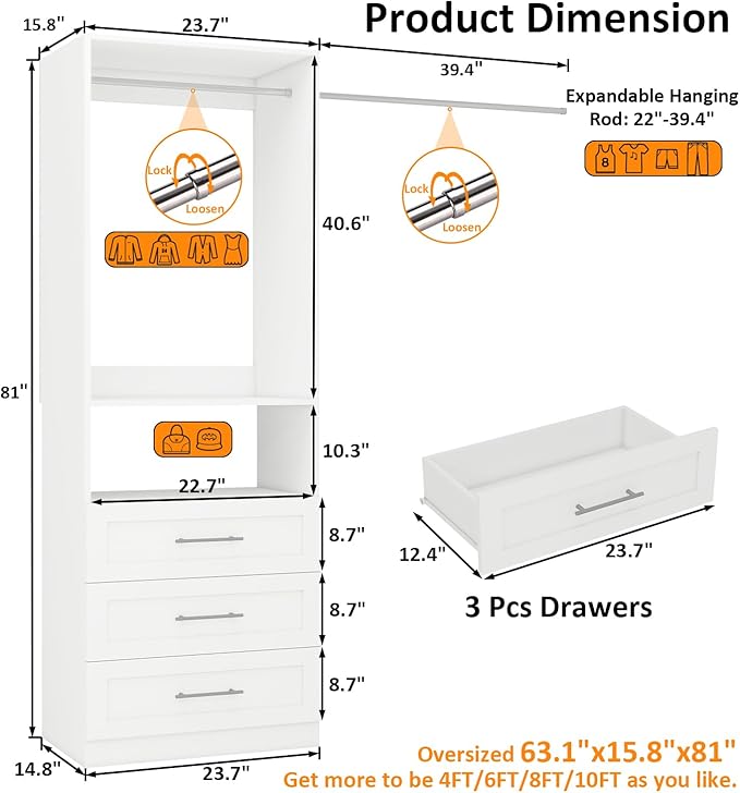 Closet System with Wooden Drawers, 2FT Closet Organize System with 3 Drawers & 2 Hanging Rods &for Walk in Closets, 24" Freestanding Closet System, White(2FT)