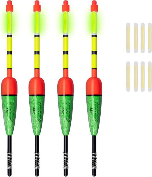 QualyQualy Lighted Fishing Slip Bobber 4-5Pcs Wood/EVA Fish Float + 8-10Pcs Glow Sticks, Night Fishing Light Up Slip Bobber for Crappie Bass Panfish Catfish Walleye
