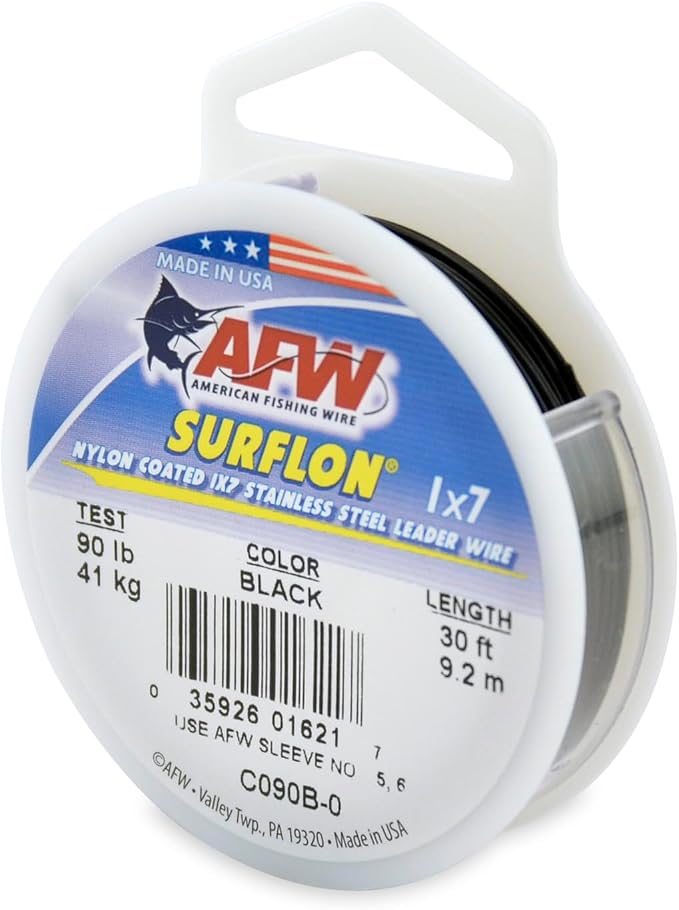 American Fishing Wire Surflon Nylon Coated 1x7 Stainless Steel Wire Leader - Wire Fishing Leader Line for Saltwater 10lb Up To 250lb Test in Bright, Black, Camo in 30ft, 100ft, 300ft, & 1000ft Lengths