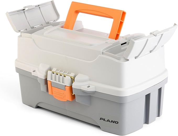 Plano Two-Tray Tackle Box, Light Grey/Dark Grey, Rust-Proof Brass Latch, Top-Access Tray with Deep Storage, Made in the USA, Portable Fishing Gear Storage Organizer
