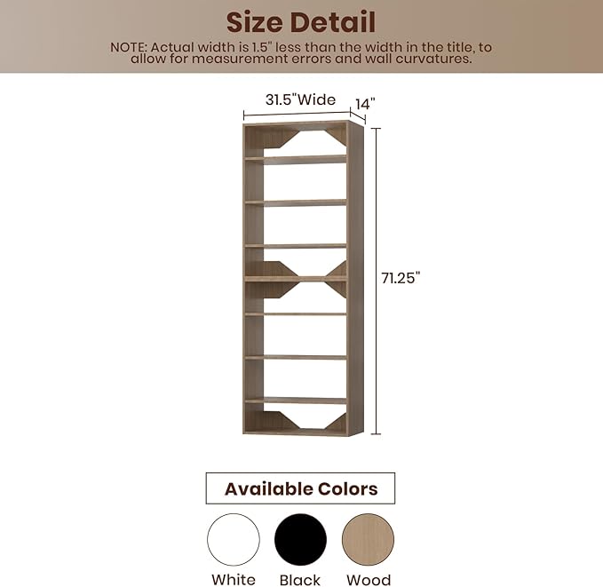 ROOMTEC Modular Closet System, 31.5" Shelf Closet Tower Wall-Mounted Closet Organizer, Wooden Tower for Walk-In Closets, Wardrobe Storage Kit, Wood