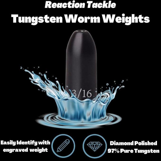 Reaction Tackle Tungsten Worm Weights for Bass Fishing - Bullet Shaped Sinkers/Fishing Weights - for Texas Rig and Carolina Rig/Size Stamped
