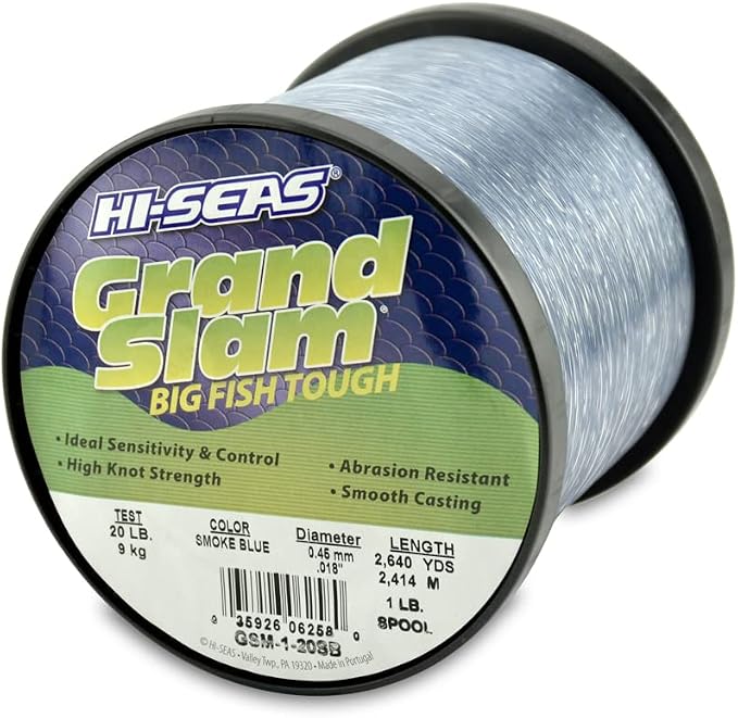 HI-SEAS Grand Slam Monofilament Fishing Line - Strong & Abrasion Resistant in Clear, Pink, Green, Smoke Blue, Fluorescent Yellow Freshwater & Saltwater - 1 lb Spool