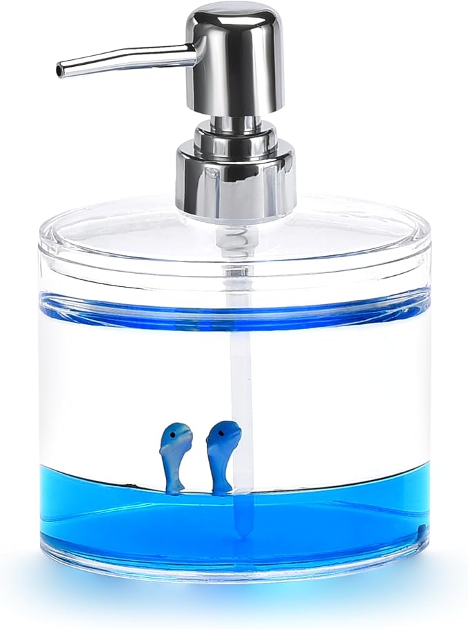 Locco Decor 4 Piece Acrylic Liquid 3D Floating Motion Bathroom Vanity Accessory Set Ocean Cartoon Animal Theme Dolphin Toothbrush Holder, Tumbler, Soap Dispenser, Soap Dis