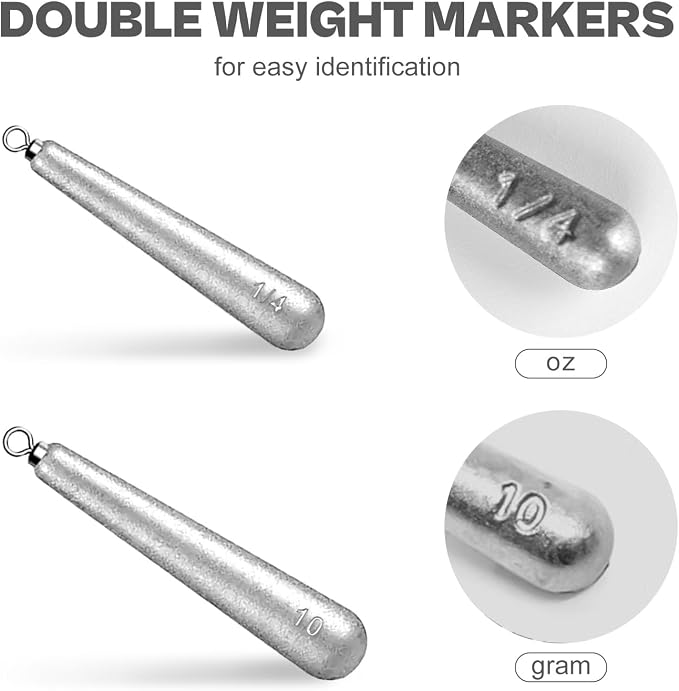 27/30 PCs Free Rig & Drop Shot Weights - Skinny Teardrop Fishing Sinkers (1/8 3/16 1/4 3/8 1/2oz) | Die-Cast Lead-Antimony Alloy | Mixed Kit Available